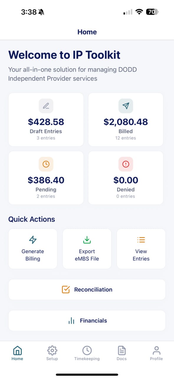 IP Toolkit home screen showing billing status and quick actions