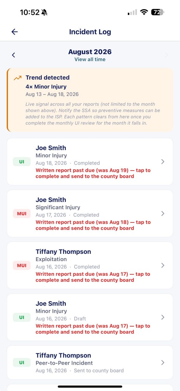 Incident log showing a trend-detected alert and incident entries with report status