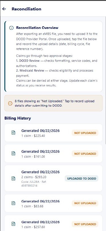 Reconciliation screen showing DODD and Medicaid review stages and eMBS upload tracking